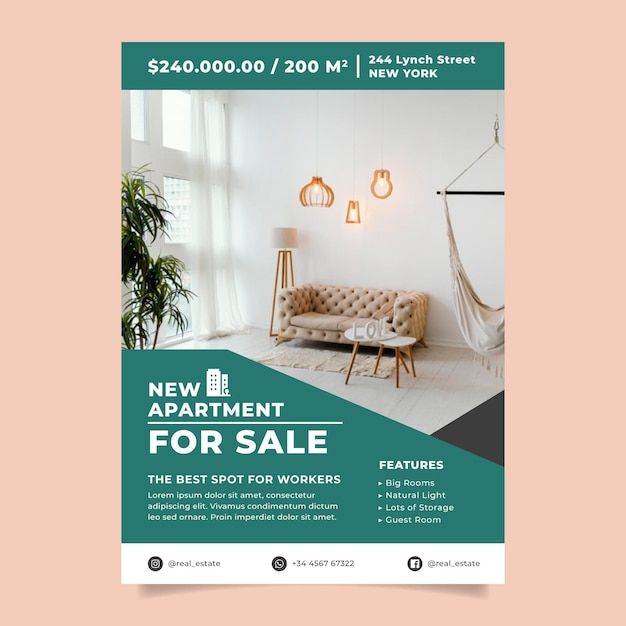 Flat design real estate poster with photo ready to print