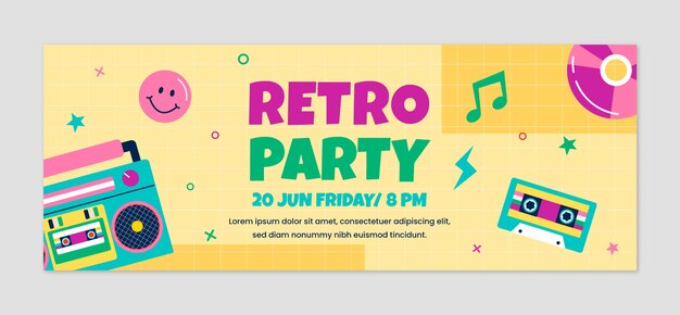 Flat design retro 90s party facebook cover