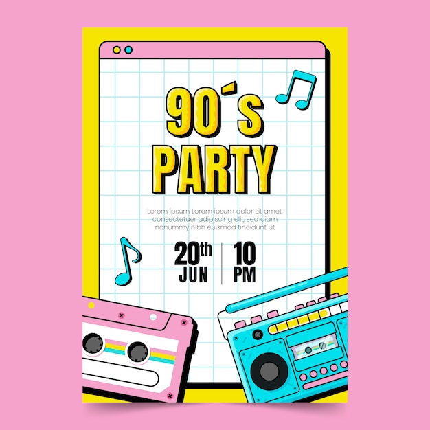 Free Vector flat design retro 90s party invitation template