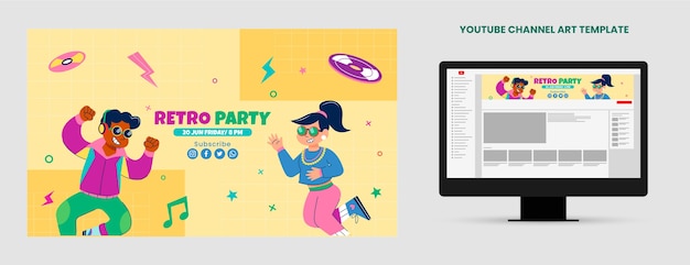 Flat design retro 90s party youtube channel art