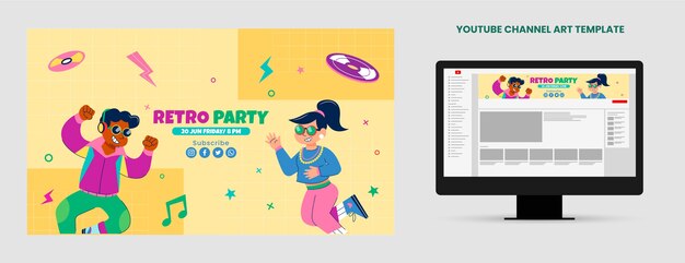 Flat design retro 90s party youtube channel art