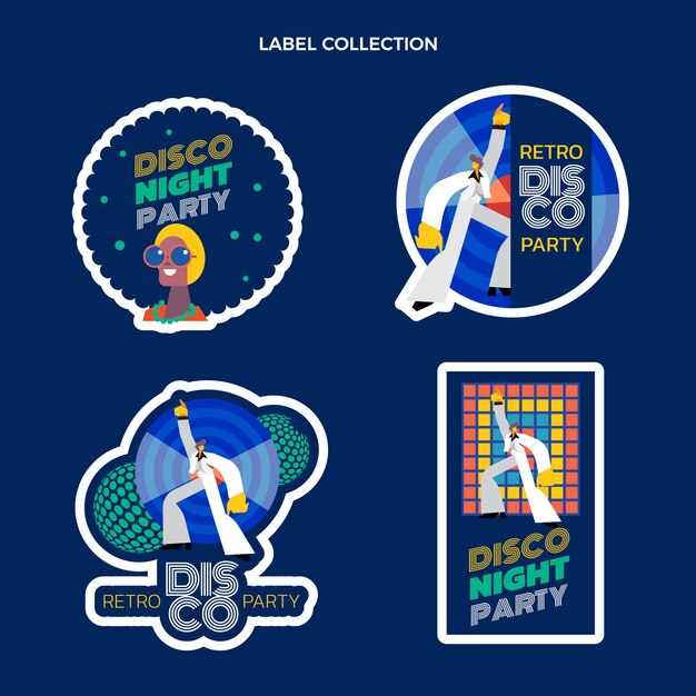 Flat design retro disco party labels