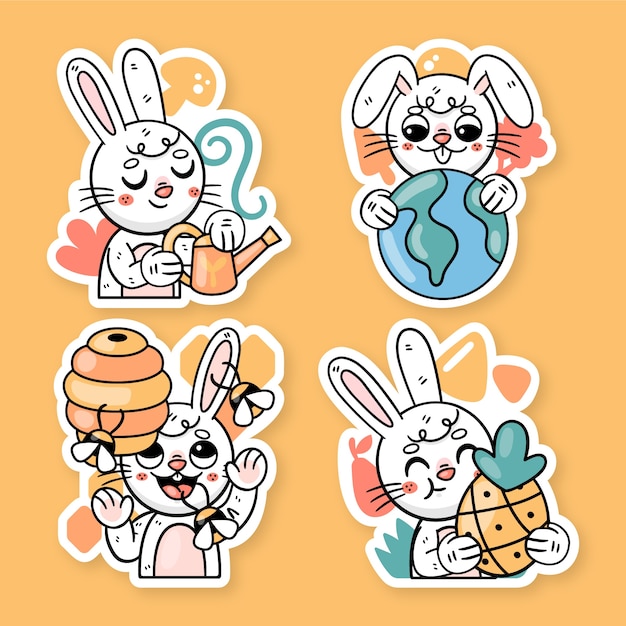 Flat design ronnie the bunny in nature sticker set