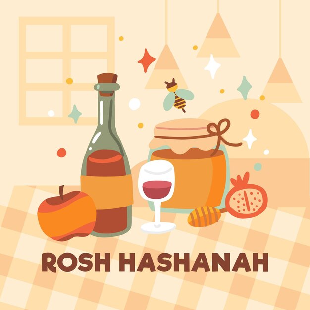 Flat design rosh hashanah food on the table