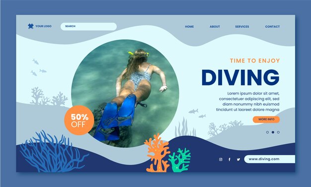 Flat design scuba diving landing page template