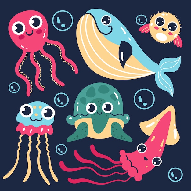 Flat design sea animals collection