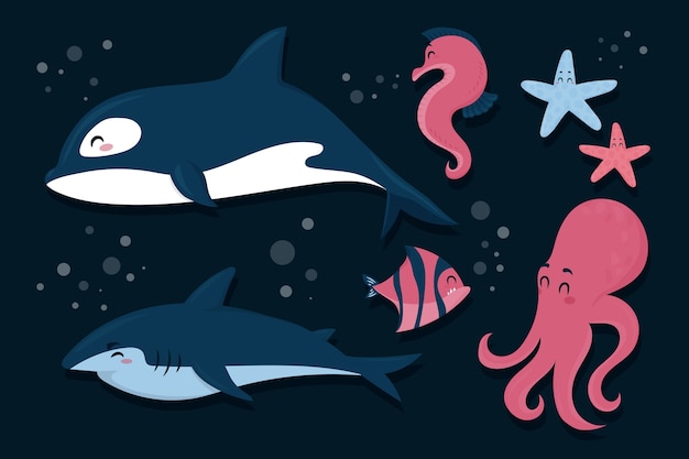 Flat design sea animals collection