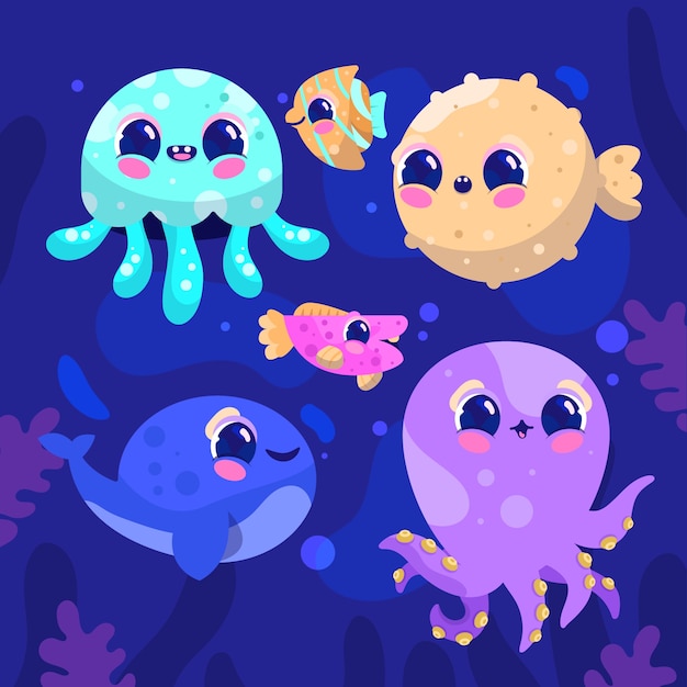 Flat design sea animals collection