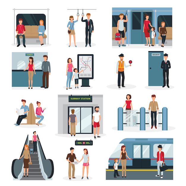 Flat design set with people in different situations in subway