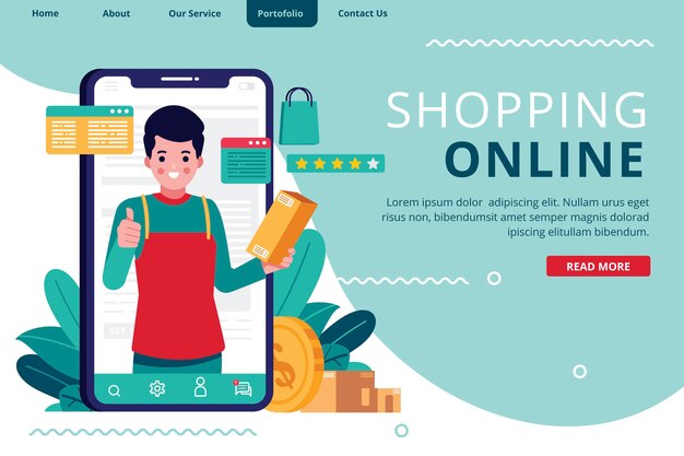 Flat design shopping online landing page with shop assistant