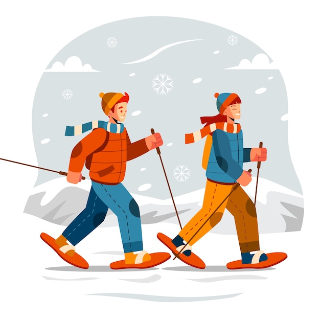 Flat design snowshoeing illustration