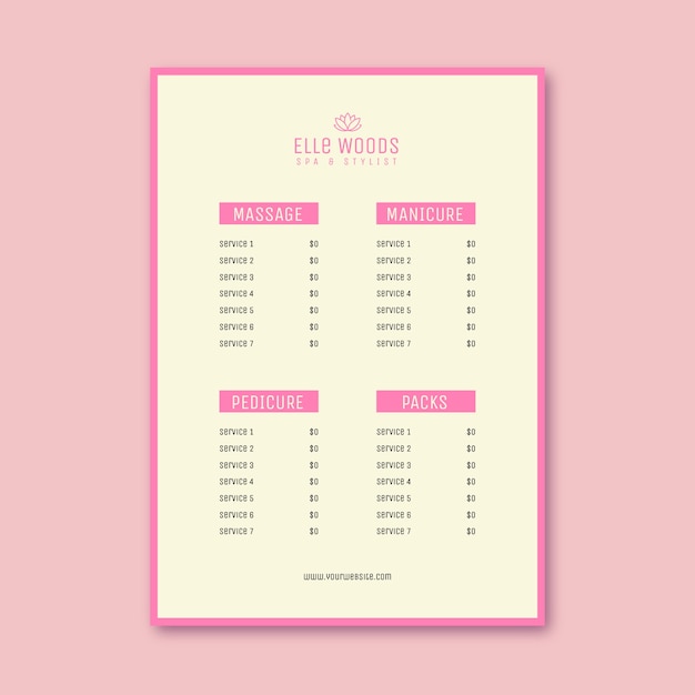 Flat design spa price list template