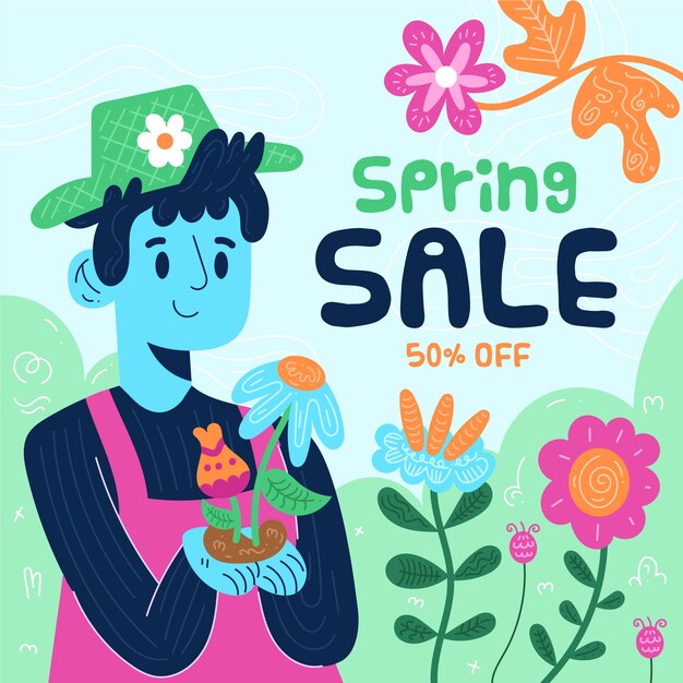 Flat design spring sale with colorful flowers and gardener illustrated