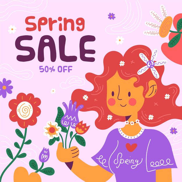 Flat design spring sale with colorful flowers and girl illustrated