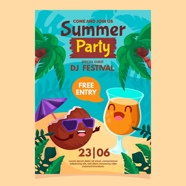 Flat design summer party poster template