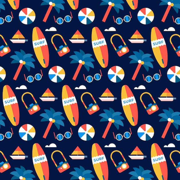 Flat design summer pattern with surfboard