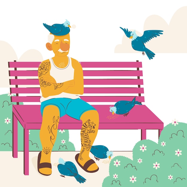 Flat design tattooed old people illustration