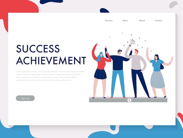 Flat design teamwork banner with people achieved success together illustration