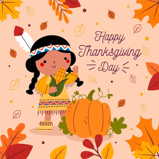 Flat design thanksgiving background with indian girl