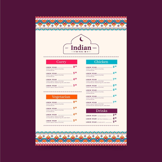 Flat design traditional indian restaurant menu template