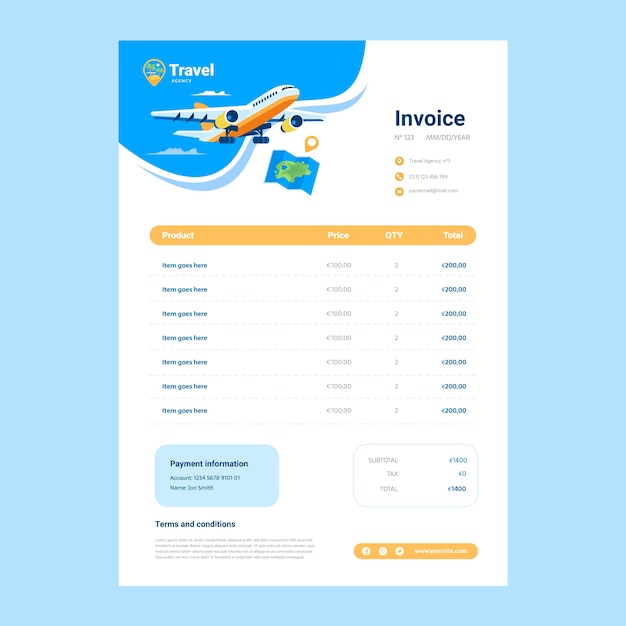 Flat design travel agency invoice