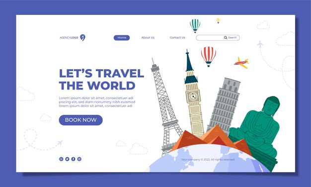 Flat design travel agency landing page with landmarks