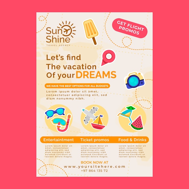 Flat design travel agency poster with beach items