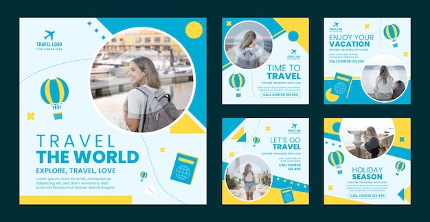 Flat design travel instagram posts template