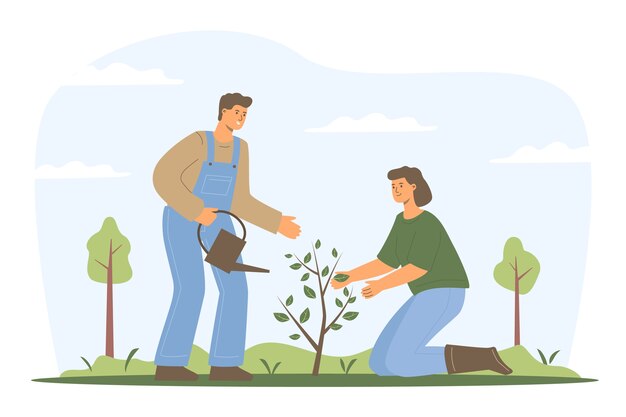 Flat design tree planting illustration