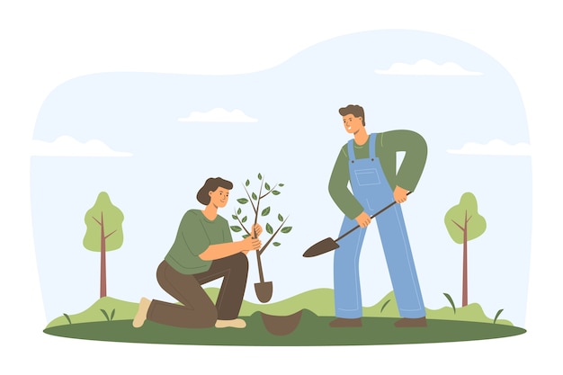 Flat design tree planting illustration