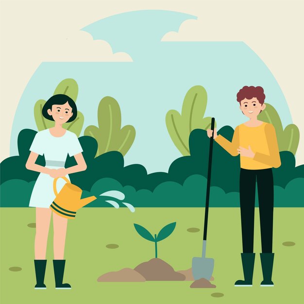 Flat design tree planting illustration