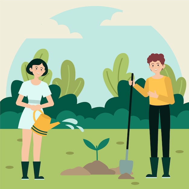 Flat design tree planting illustration