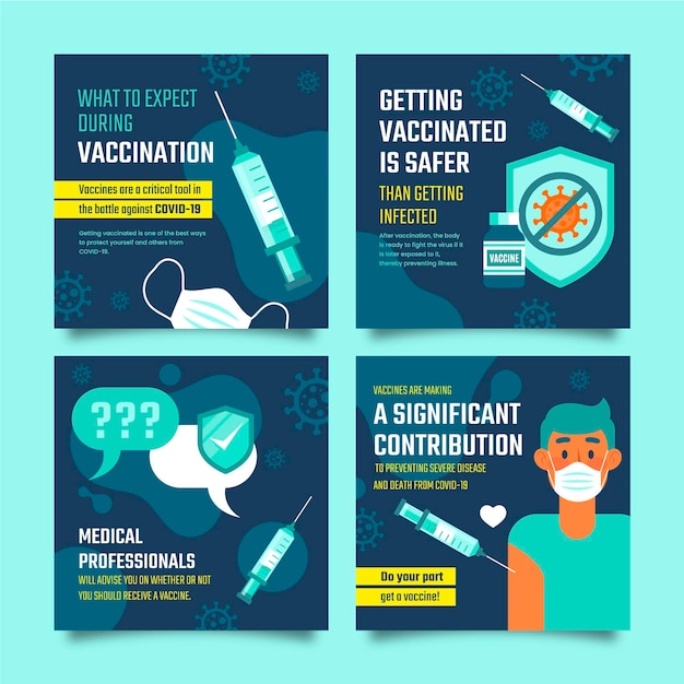 Flat design vaccine instagram post set