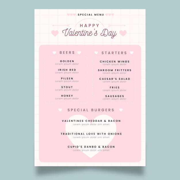 Flat design valentines day menu template