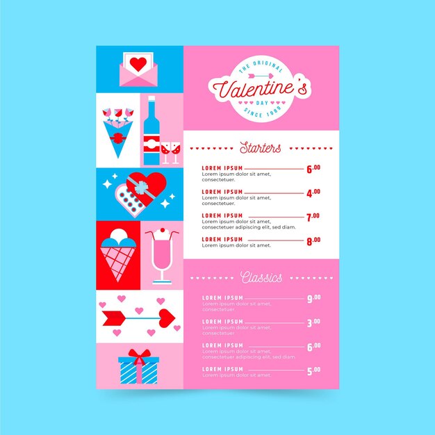 Flat design valentines day menu template