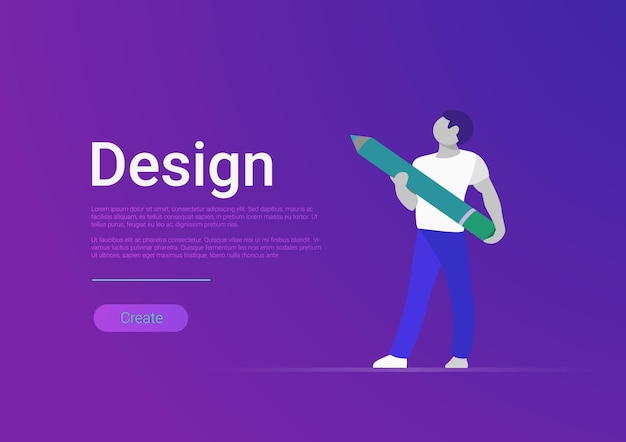 Flat design vector banner template illustration Male designer artist holding huge pencil