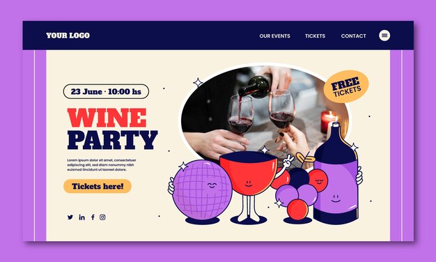 Flat design wine party landing page template