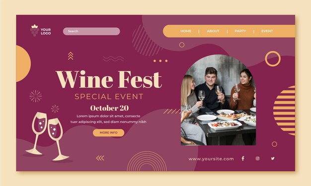 Flat design wine party landing page template