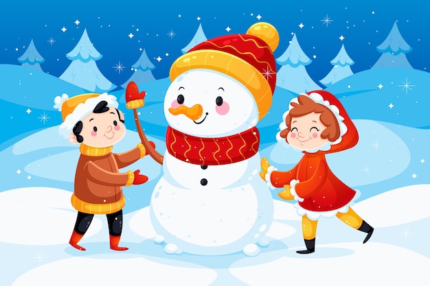 Flat design winter illustration with snowman