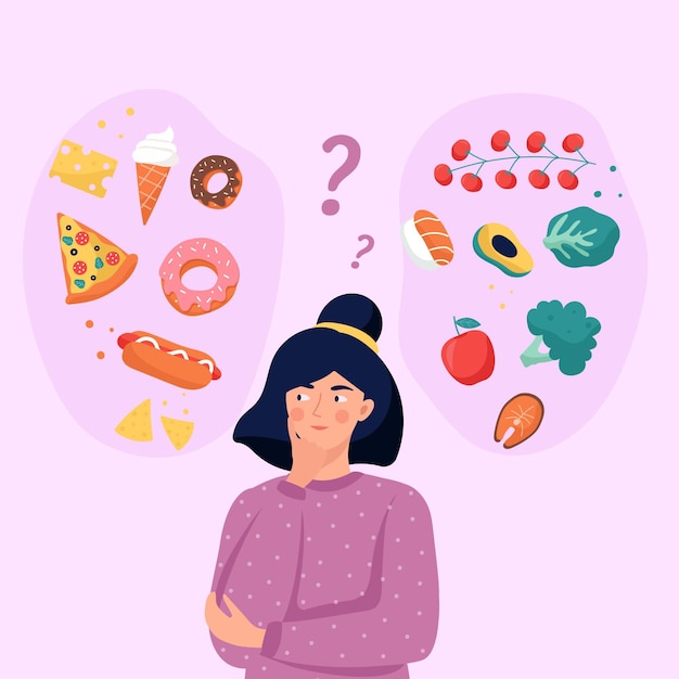 Flat design woman choosing between healthy or unhealthy food illustration