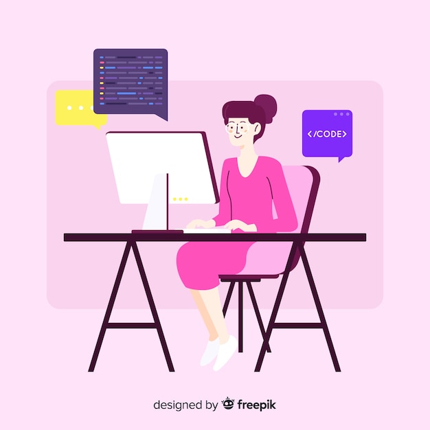 Flat design woman programmer coding