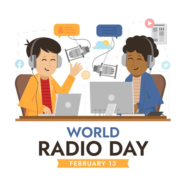 Flat design world radio day background with presenters