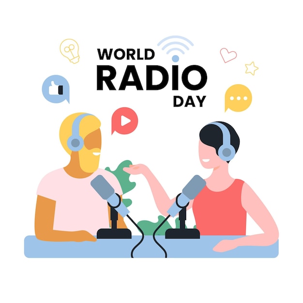 Flat design world radio day man and woman on air concept