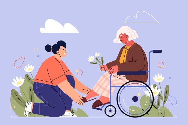 Flat design young people helping the elderly illustration