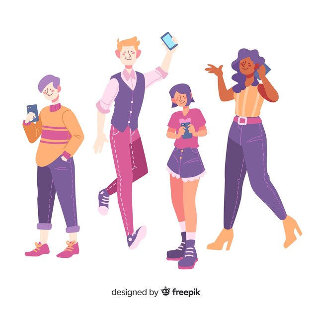 Flat design young people holding smartphones