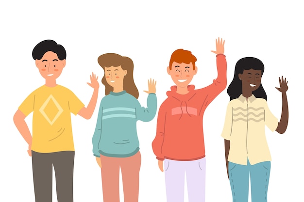 Flat design young people waving hand set