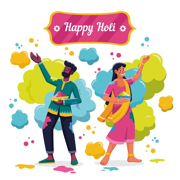 Flat detailed people celebrating holi festival illustration