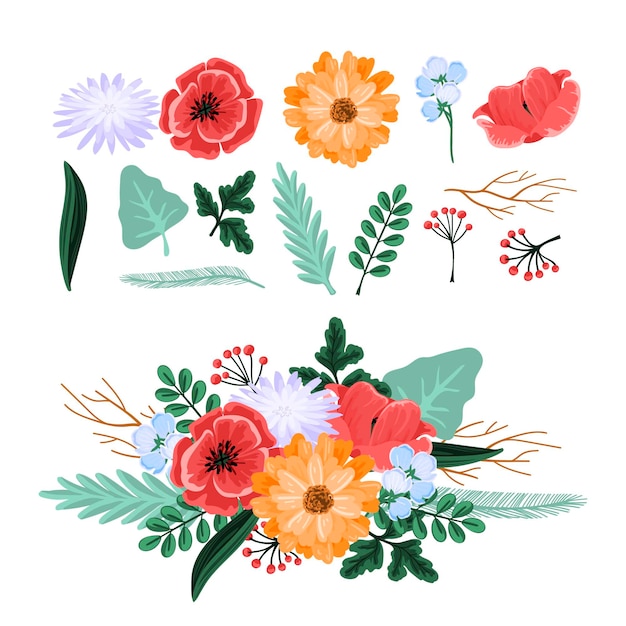 Flat detailed spring flower collection