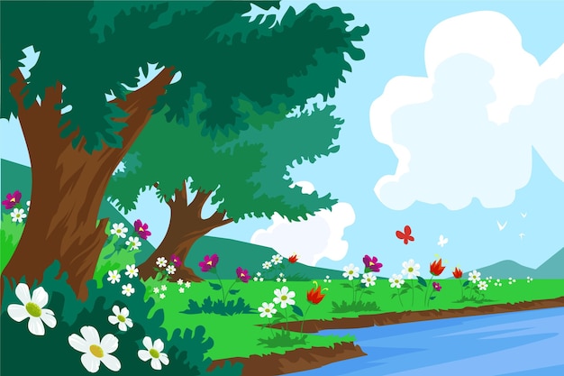 Flat detailed spring landscape with blue sky