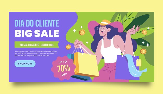 Flat dia do cliente horizontal sale banner template